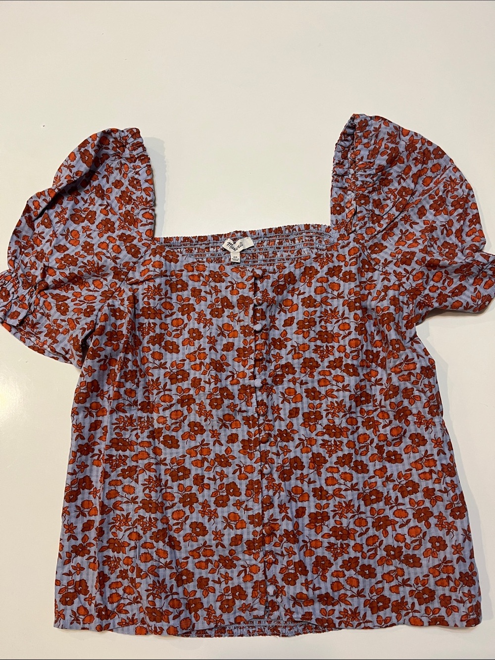 Madewell Lavender Floral Square-Neck Puff Sleeve Top
